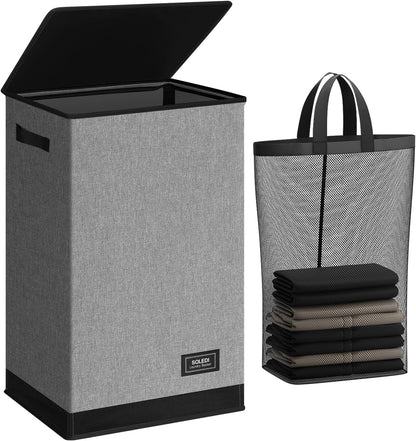 SOLEDI Laundry Hamper - 90L Large Collapsible Basket with Lid & Removable Bag - Grey