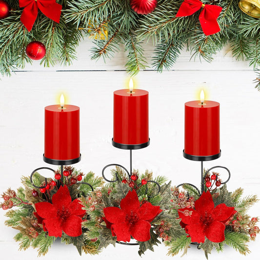 Yunlly Christmas Candle Holder Set - 3 LED Battery-Operated Poinsettia Centerpieces for Home Decor