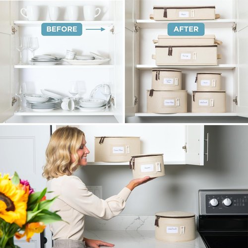 China Storage 12-Piece Hard Shell Container Set - Sturdy Dish Organizer for Dinnerware, Glasses & Mugs - Beige