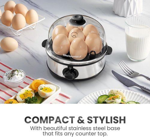 Elite Gourmet Electric Egg Poacher - Easy Omelet & Boiled Egg Cooker with Auto Shut-Off | 7 Eggs, Stainless Steel