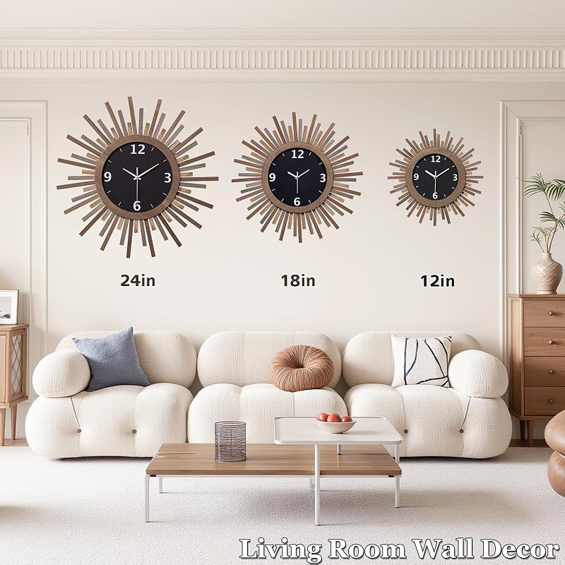 Tricolor 12 Inch Silent Sunburst Rustic Wood Wall Clock - Battery Operated