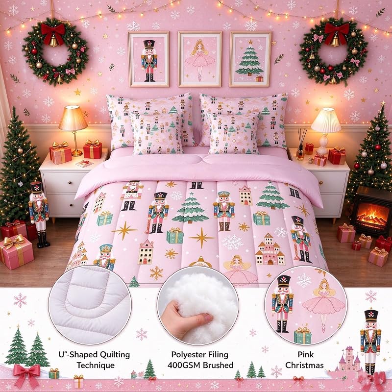 Green & Pink 7-Piece Twin Christmas Comforter Set – Nutcracker Castle Theme Bedding