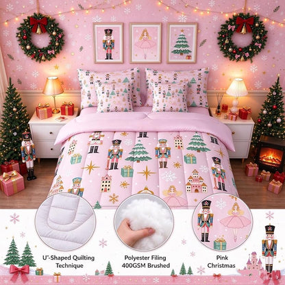 Green & Pink 7-Piece Twin Christmas Comforter Set – Nutcracker Castle Theme Bedding