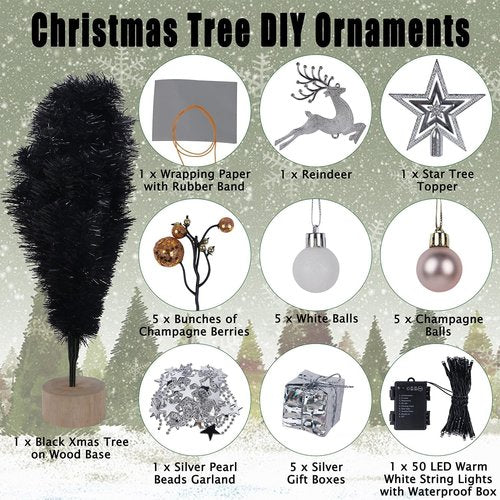 Juegoal Mini Black Christmas Tree - 24 Inch Lighted Tabletop Pine with 50 LED Lights | Battery Operated & Timer for Holiday Decor