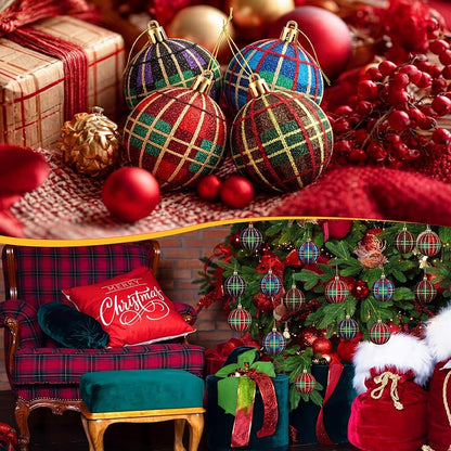 christmas plaid foam ball ornaments, 12pcs, 2.4" - glossy tartan holiday decorations (Plaid variation)