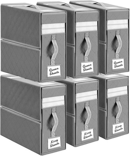 Homsorout Bed Sheet Organizers - Foldable Linen Storage with Window & Labels | XL Grey 6-Pack
