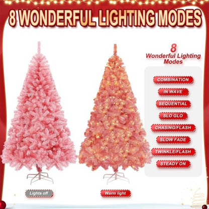 Juegoal 6 FT Artificial Christmas Tree - Spruce Hinged Design with 300 LED Warm White Lights | 8 Lighting Modes, Pink