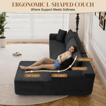 Repantes 95" L Shaped Boneless Sectional Couches, Wide Armrest, Deep Seat, Memory Foam, Assembly Free, Modern Comfy Corduroy Fluffy Cloud Sofa with Left Chaise for Living Room, Small Spaces, Black