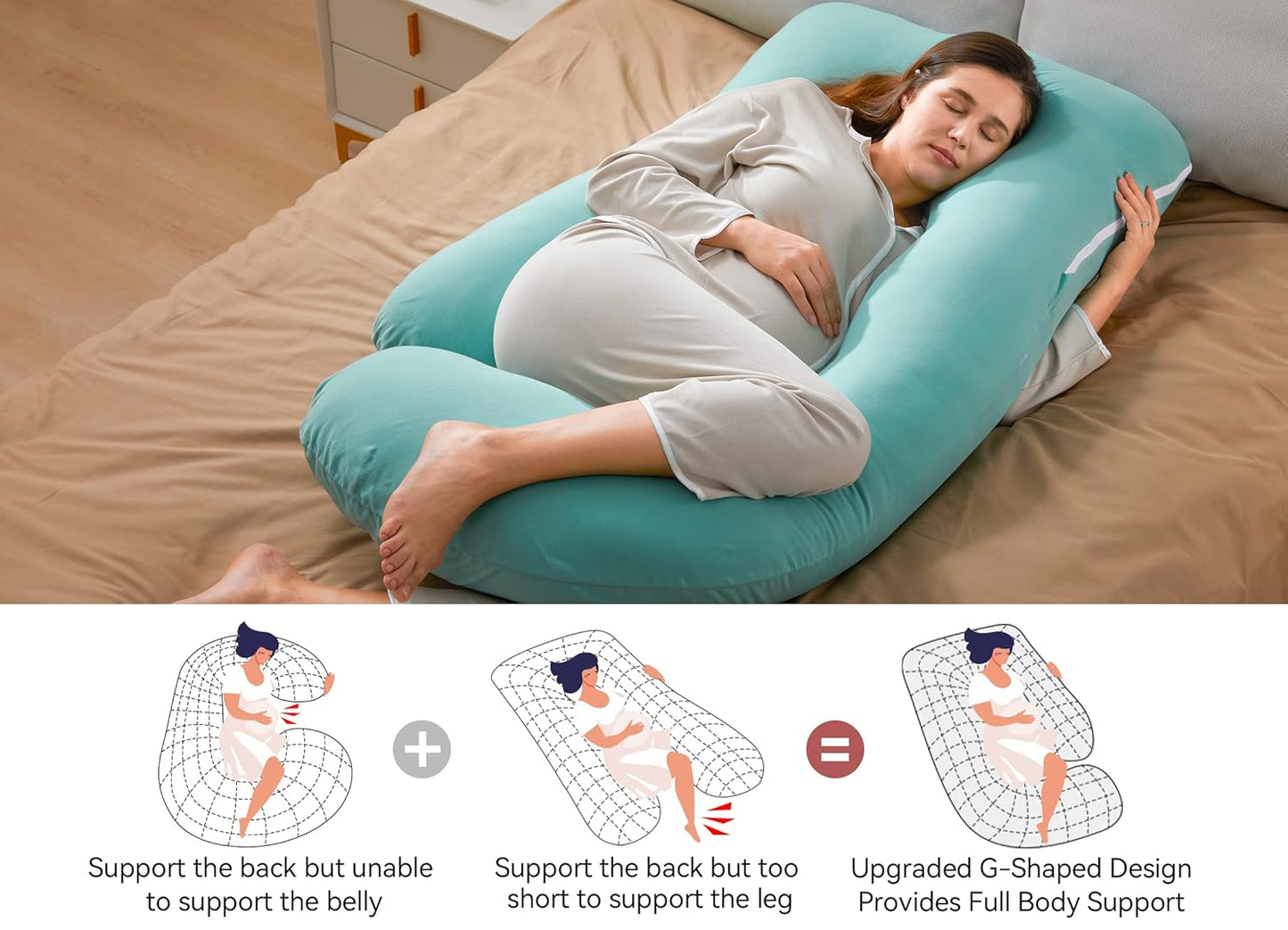 Momcozy U-Shaped Pregnancy Pillow - 57 Inch Full Body Maternity Support with Cotton Cover | Tiffany Blue