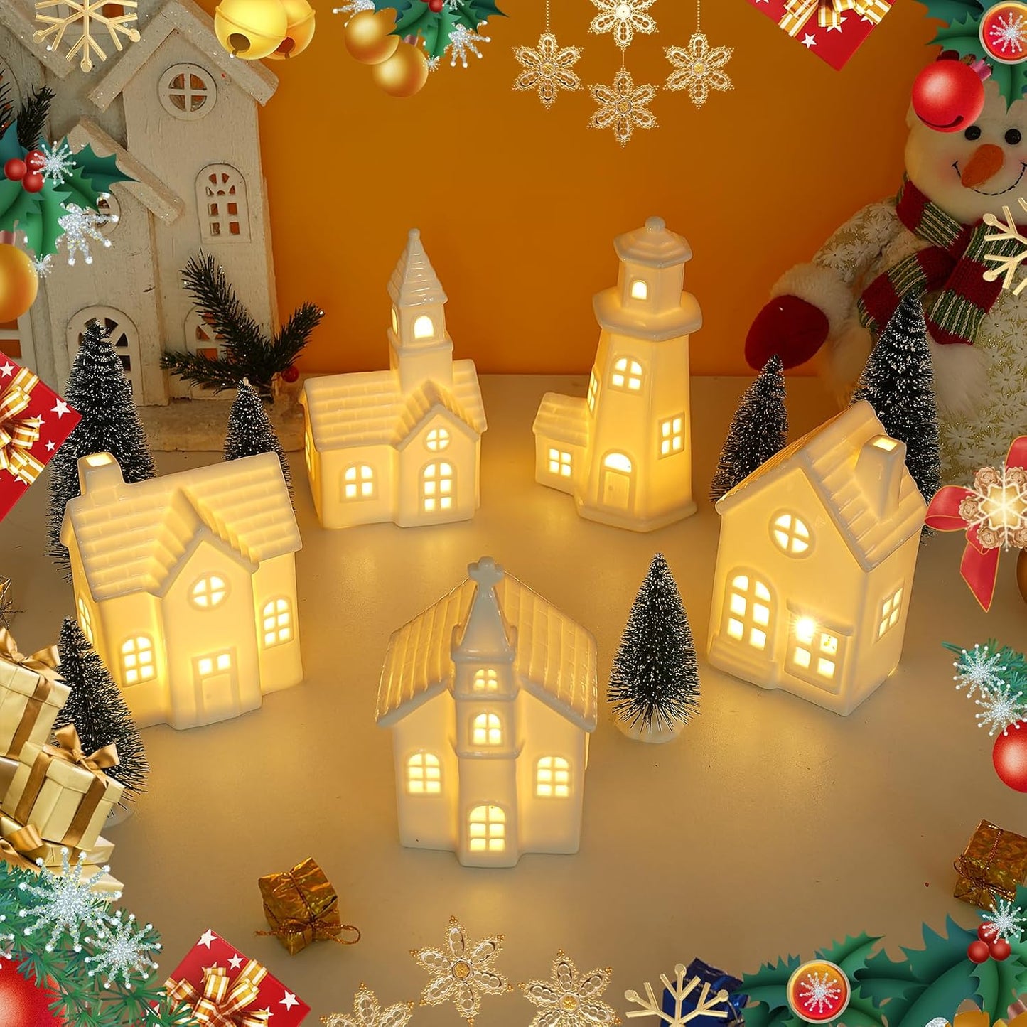 Skiennix 11 Pcs White Ceramic Christmas Village Houses - Light Up Xmas Town Decor with Timer