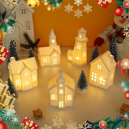 Skiennix 11 Pcs White Ceramic Christmas Village Houses - Light Up Xmas Town Decor with Timer
