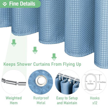 Dynamene Long Fabric Shower Curtain - 78 inch Long Waffle Weave Weighted Cloth Shower Curtains for Bathroom, Heavy Duty Hotel Spa Luxury Bath Curtain Set with 12 Plastic Hooks,72x78, Moonlight Blue