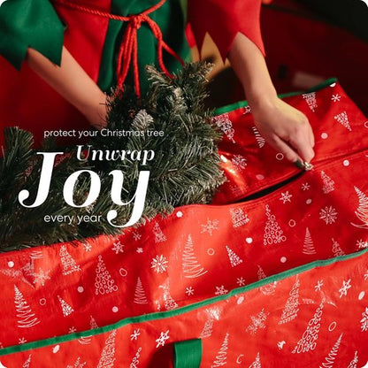 Christmas Tree Storage Bag - Durable Waterproof Zippered Bag for 7.5 Foot Artificial Trees | Red Printed Design