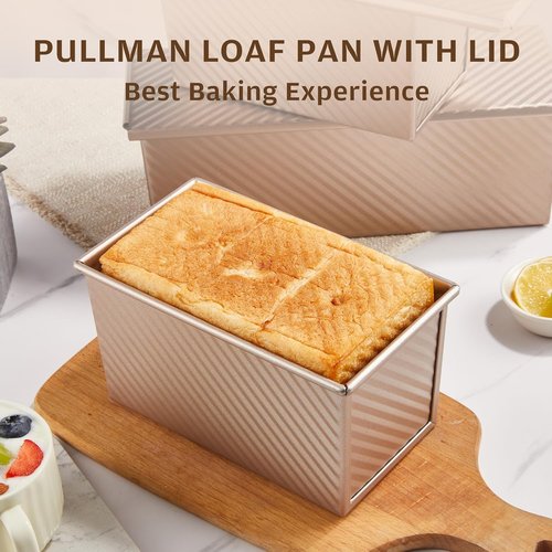 KITESSENSU Pullman Loaf Pan - Non-Stick Carbon Steel Bread Mold with Lid, 1 lb Capacity, Gold