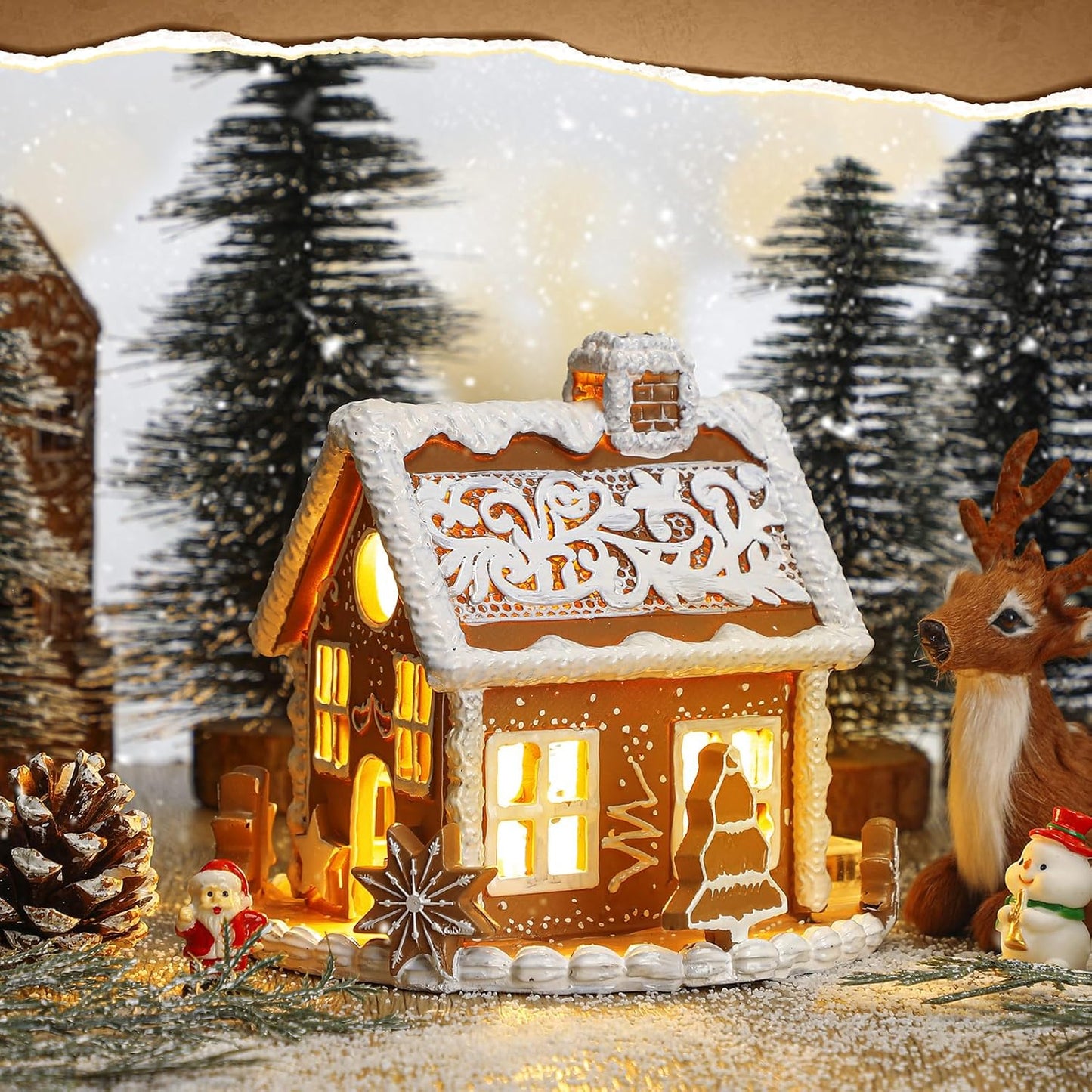Wesiti Gingerbread House Decor - Lighted Christmas Decoration with LED Lights | 6-Inch Resin Candy House Figurine