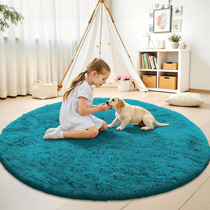 OLANLY Teal Round Area Rug - Soft, Fluffy Shaggy Carpet for Bedroom & Living Room | 9 ft Circle Design