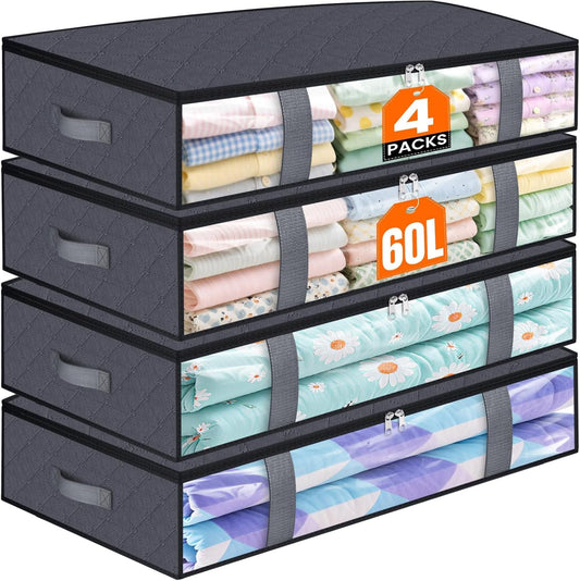 TasticTotes Under Bed Storage Containers - 4 Pack Collapsible Bags with Clear Front, 60L, Grey