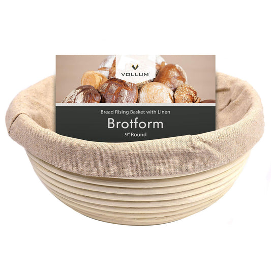 Vollum Bread Proofing Basket Banneton Baking Supplies for Beginners & Professional Bakers, Handwoven Rattan Cane Bread Maker with Linen for Artisan Breads, 8.5 x 4.25 Inch, 1-Pound Round Brotform