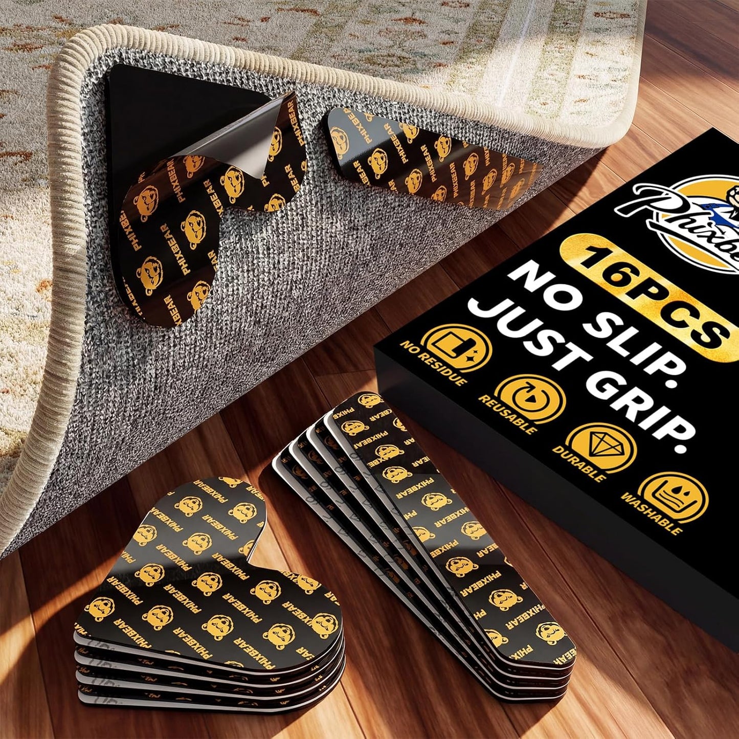 PHIXBEAR Rug Tape - 16 Pcs Reusable & Washable Anti-Slip Pads for Hardwood Floors | Residue-Free, Keeps Rugs Flat