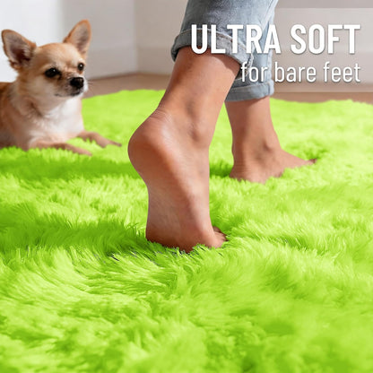OLANLY Lime Green Round Rug - Soft, Fluffy Shaggy Carpet | 5 ft Machine Washable Area Rug for Bedroom & Living Room Decor