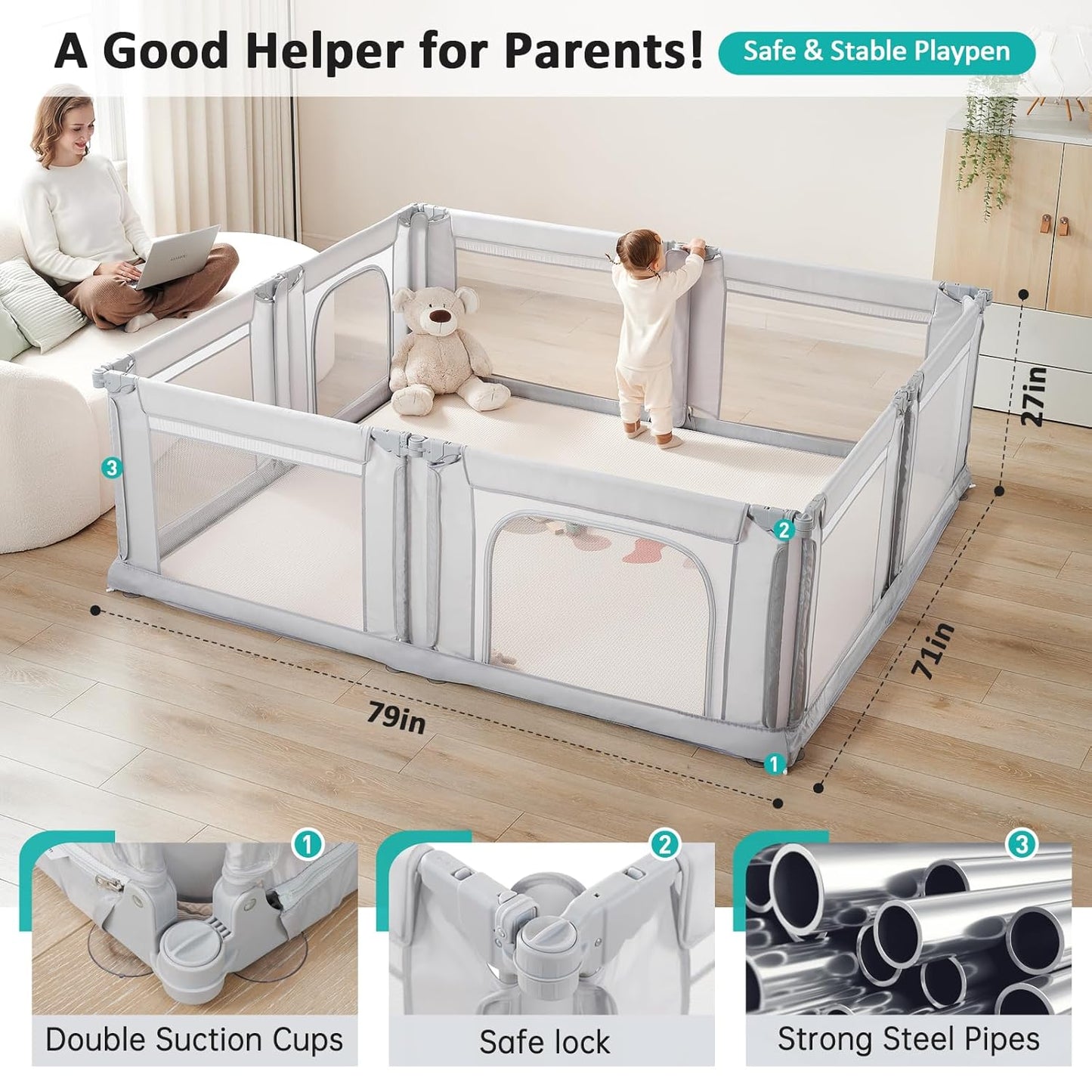 Doradotey Baby Playpen - Adjustable Large Playard for Infants & Toddlers | Foldable Indoor Mesh Fence, Light Grey 180x200x68cm