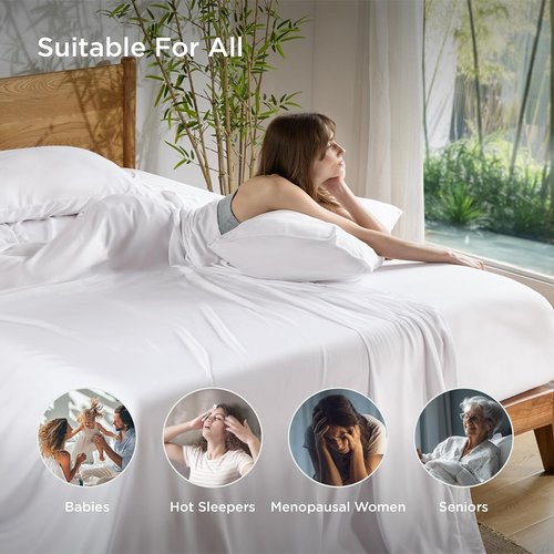 Bedsure Cooling California King Sheet Set - Breathable Rayon from Bamboo, Deep Pocket, Soft White Luxury Bedding
