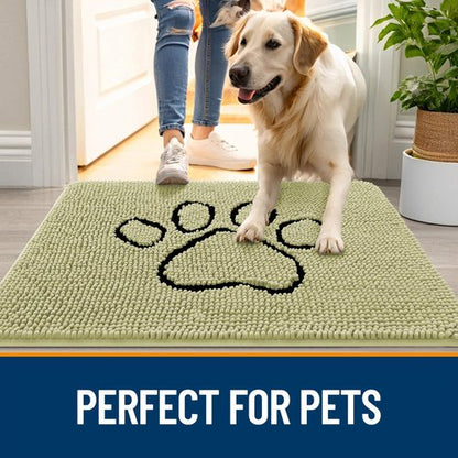 OLANLY Dog Door Mat for Muddy Paws 36x24, Paw Print Design, Absorbs Moisture and Dirt, Absorbent Non-Slip Washable Doormat, Quick Dry Chenille Mud Mat for Dogs, Entry Indoor Entryway Carpet, Vanilla