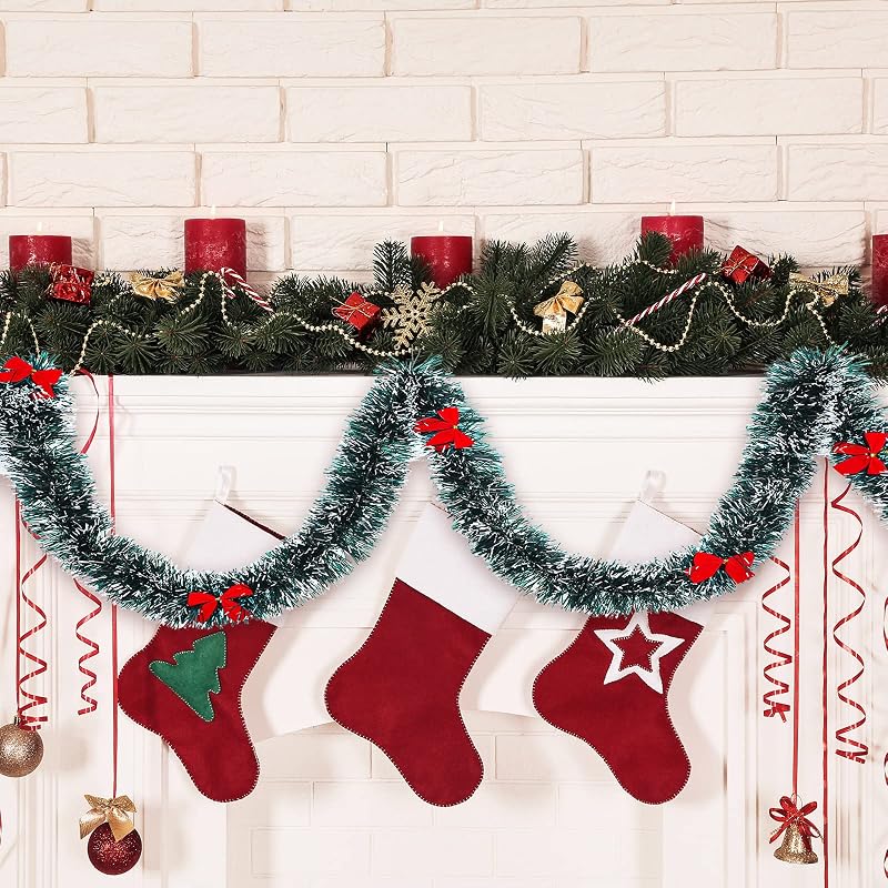 150ft Christmas Tinsel Garland with 114 Red Bows - Dark Green, Variation: Dark Green+114+150ft