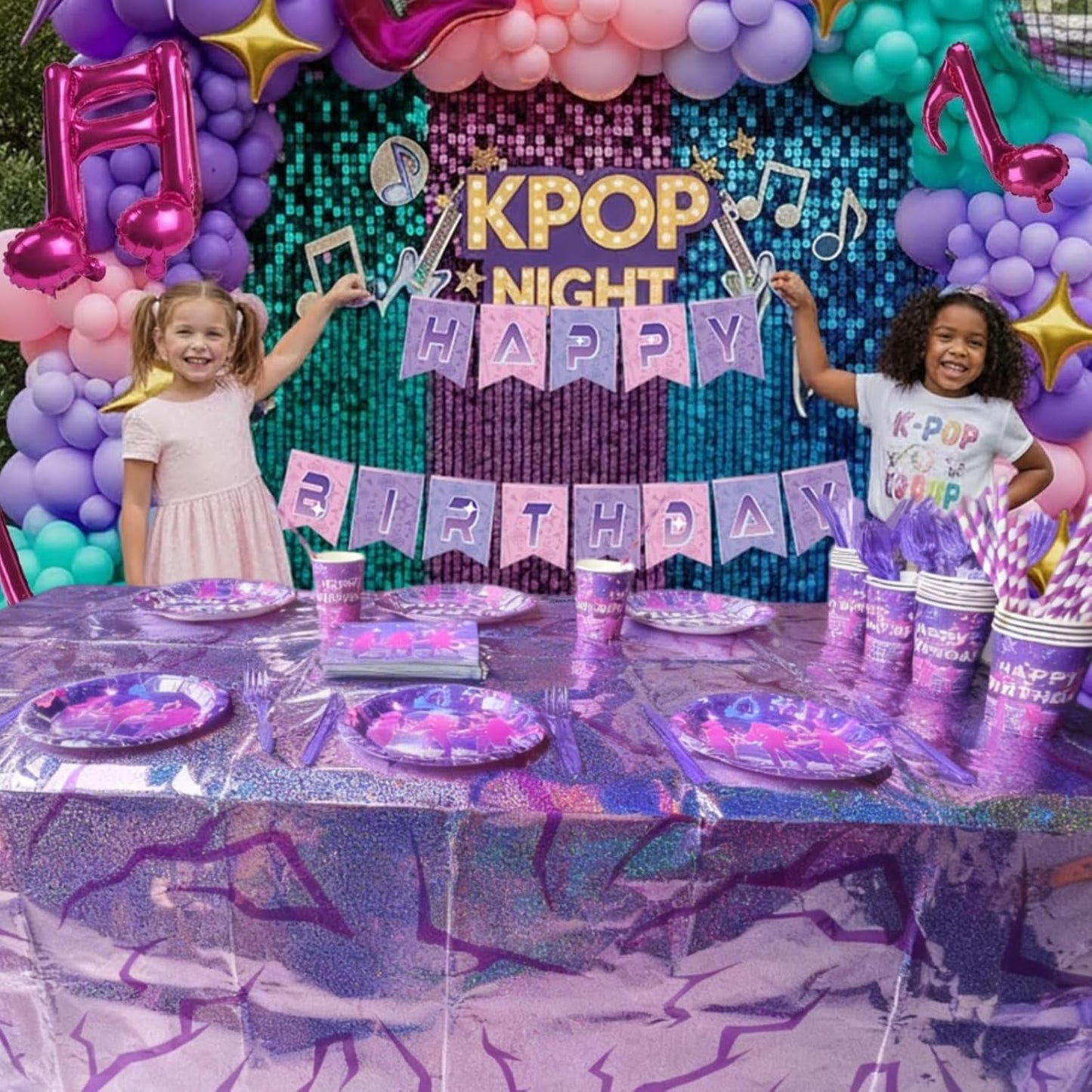 Skiennix Holographic Tablecloth - 54x108 Inch Purple Lightning Bolt | Waterproof Disposable Cover for K-Pop Birthday Party
