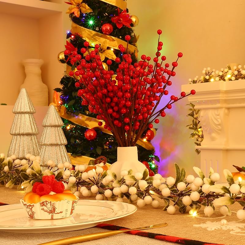 Variation - Breeze Touch 20 Pack Artificial Red Berry Stems 17.7in Faux Holly Berries for Christmas Tree Decor