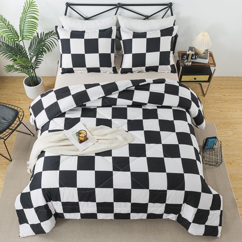 Caressma Black White Plaid Comforter Set King Size, Buffalo Check Plaid Comforter Bedding Set for All Seasons, Farmhouse Soft Microfiber Comforter with Pillowshams