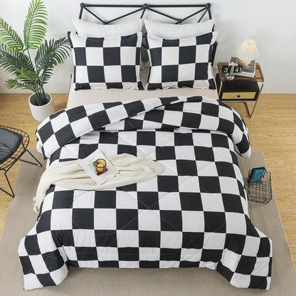 Caressma Black White Plaid Comforter Set King Size, Buffalo Check Plaid Comforter Bedding Set for All Seasons, Farmhouse Soft Microfiber Comforter with Pillowshams