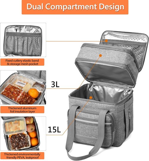 EXLIFBAG Insulated Lunch Box - Double Deck Leakproof Cooler for Adults | Adjustable Shoulder Strap - Gray