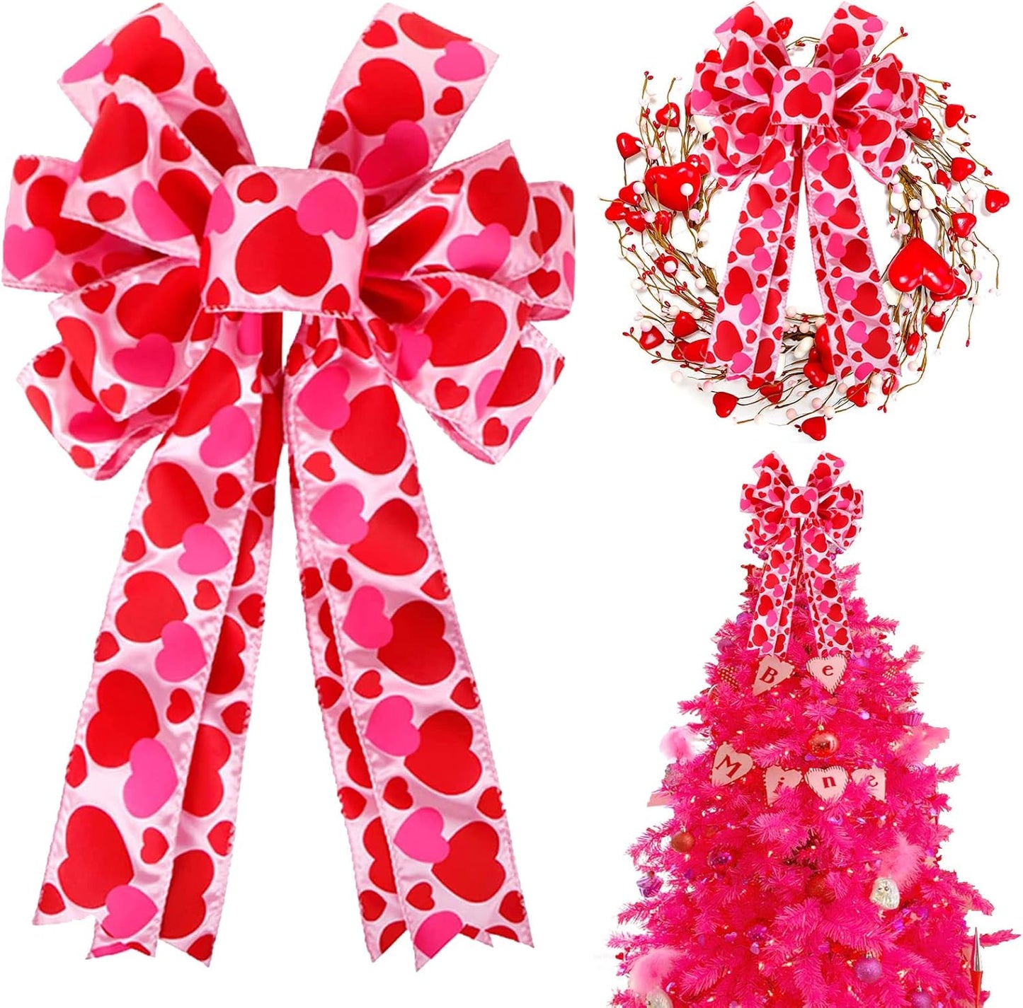 Valentine Tree Topper Bow - Large 11.4”x19.6” Red & Pink Heart Decorations for Home & Party Decor