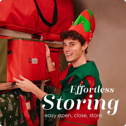 Handy Laundry Christmas Ornament Storage | Holds Up to 64 Ornaments, Adjustable Dividers & Zippered Top - Red