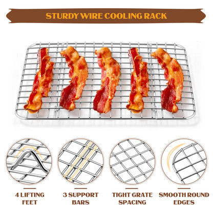 Mini Stainless Steel Baking Sheet with Wire Rack Set, E-far 9.4”x7.3” Small Cookie Sheet Broiling Pan for Toaster Oven, Textured Metal Tray for Cooking/Roasting, Non-toxic & Dishwasher Safe