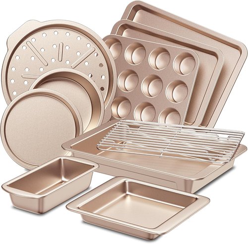 HONGBAKE Nonstick Bakeware Set - 10-Piece Kitchen Baking Pans with Wider Grips | Champagne Gold