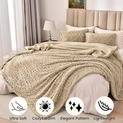 PHF Fluffy Sherpa Blanket King Size for Winter, Warm and Soft, 510GSM 3D Jacquard Thick Shaggy Fleece Plush Blanket for Sofa Bed, Khaki, 108"x90"