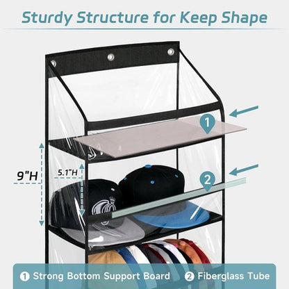 AOODA Clear Over The Door Hat Rack - Large Organizer for Up to 72 Baseball Caps | Black with 3 Hooks