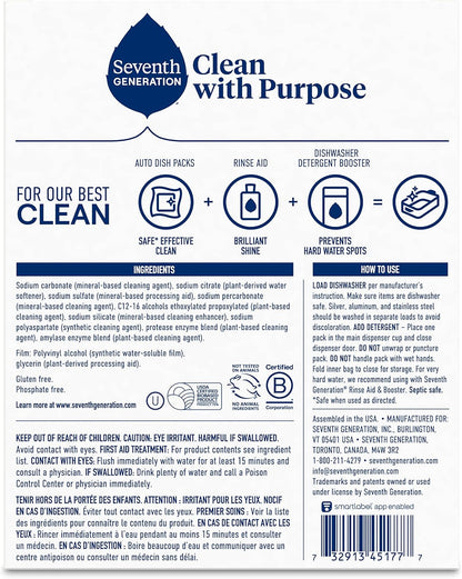Seventh Generation Dishwasher Detergent Packs - Free & Clear | 45 Count for Sparkling Clean Dishes