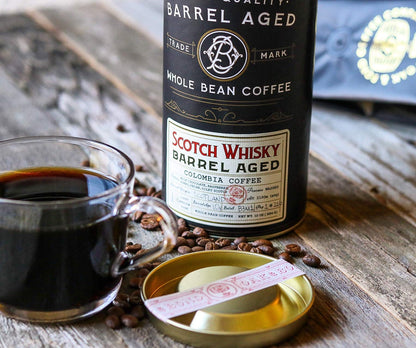 Scotch Whisky Barrel Aged Coffee, Colombia Single Origin Washed Whole Coffee Bean, Medium Roast w/Flavor Notes of Milk Chocolate, Raspberry, Honey, Silky Scotch by Oak & Bond Coffee Co. – 10oz.