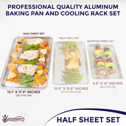 KITCHENATICS Aluminum Baking Pan - Half Sheet with Wire Rack for Easy Cleaning | 13 x 18 Inches, Heavy Duty