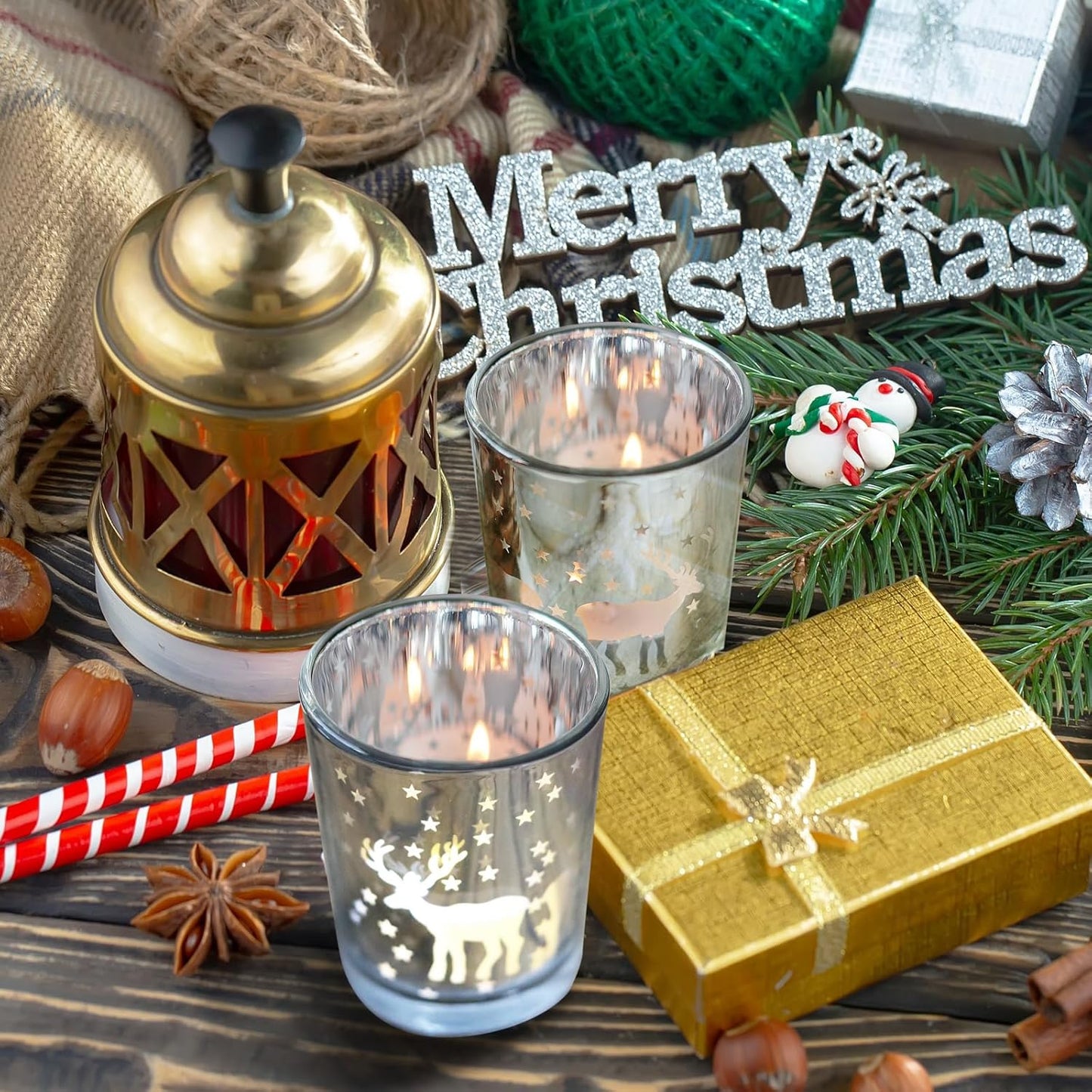 Silver Votive Tealight Candle Holders - 12PCS Christmas Decor with Carved Reindeer for Festive Centerpieces