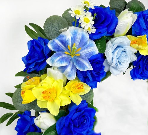 Grave Decoration Cemetery Wreath - 30 Inch Headstone Floral Arrangement with Blue Roses, Tulips & Daffodils