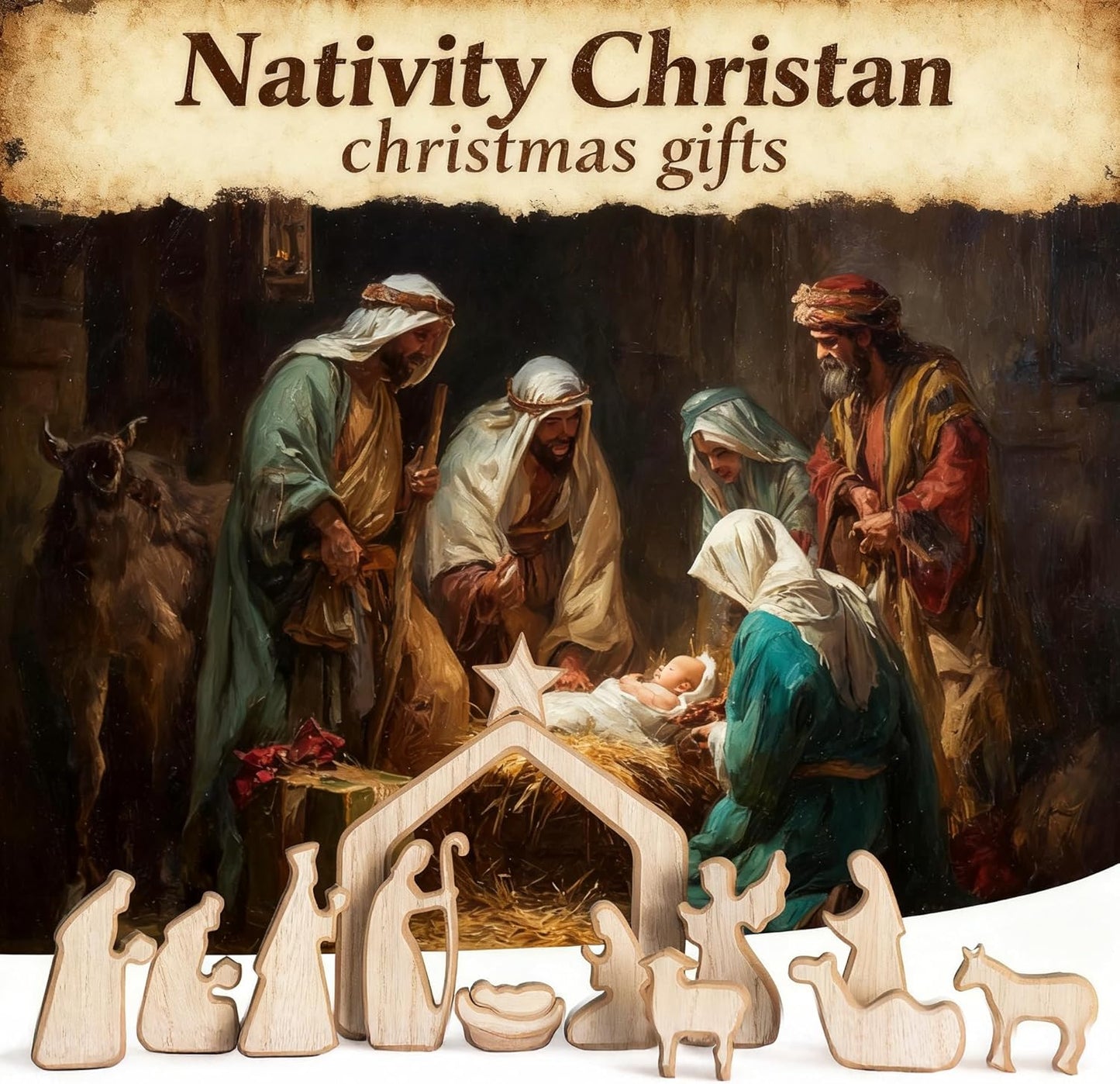 NEROSUN Nativity Scene Set - 13-Piece Wooden Miniature Holy Family Figurines | Minimalist Boho Christmas Decor