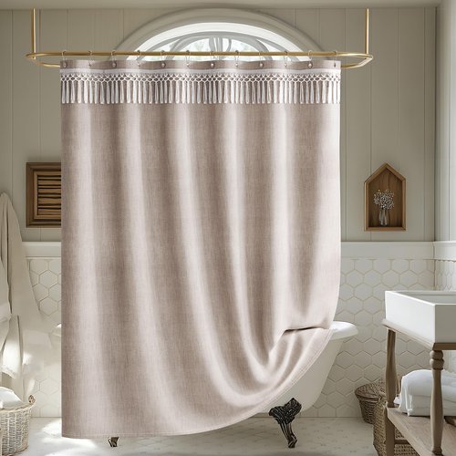 AmazerBath Taupe Boho Shower Curtain with Tassels, Linen Textured Farmhouse Shower Curtain Set with 12 Hooks, Washable Water-Repellent Neutral Fabric, 72x72 Inches Tan