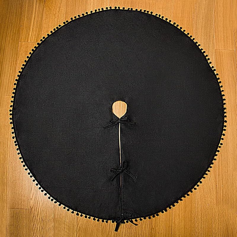 Black 48 Inch Christmas Tree Skirt - Burlap Double Layer with Pom Poms, Rustic Santa Decor (Variation: Black+48inch)