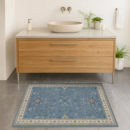 Blue 2x3 Washable Rug for Entryway Indoor, Kitchen Floor Waterproof, Bathroom, Powder Room, Non Slip Low Pile Stain & Fade Resistant, Modern Eclectic Floral Decor