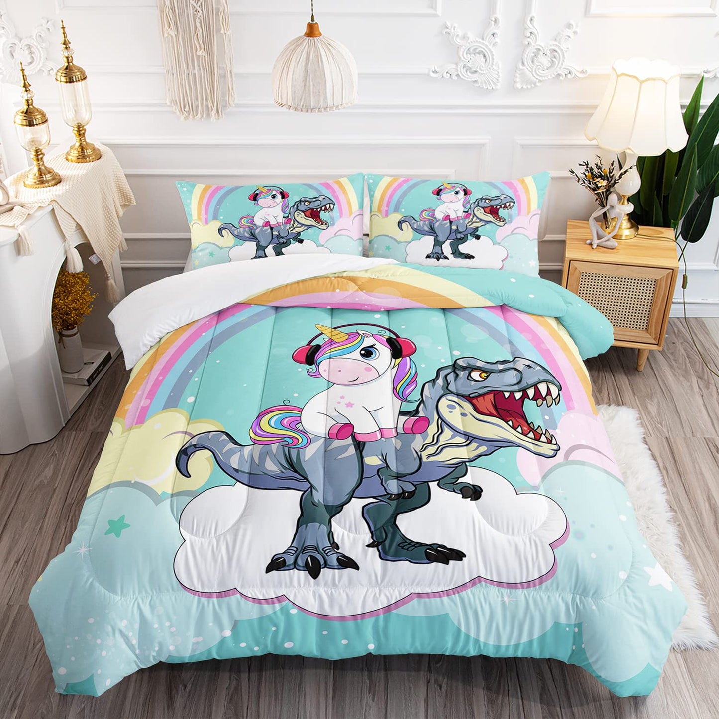 Unicorn Comforter Set 3Pcs Cartoon Dinosaur Kids Bedding Set Rainbow Cloudy Star Bed Set with 1 Comforter and 2 Pillowcases