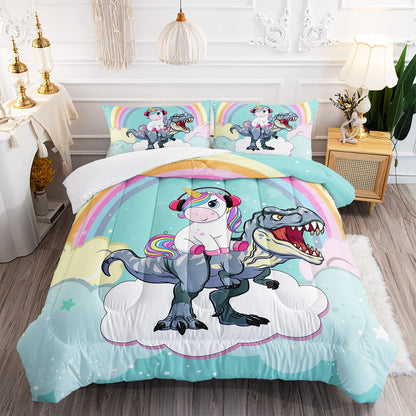 Unicorn Comforter Set 3Pcs Cartoon Dinosaur Kids Bedding Set Rainbow Cloudy Star Bed Set with 1 Comforter and 2 Pillowcases